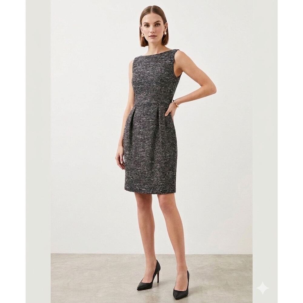 Karen Millen Gray Textured Metallic Tweed Sleeveless Pleated Shift Dress Size 6